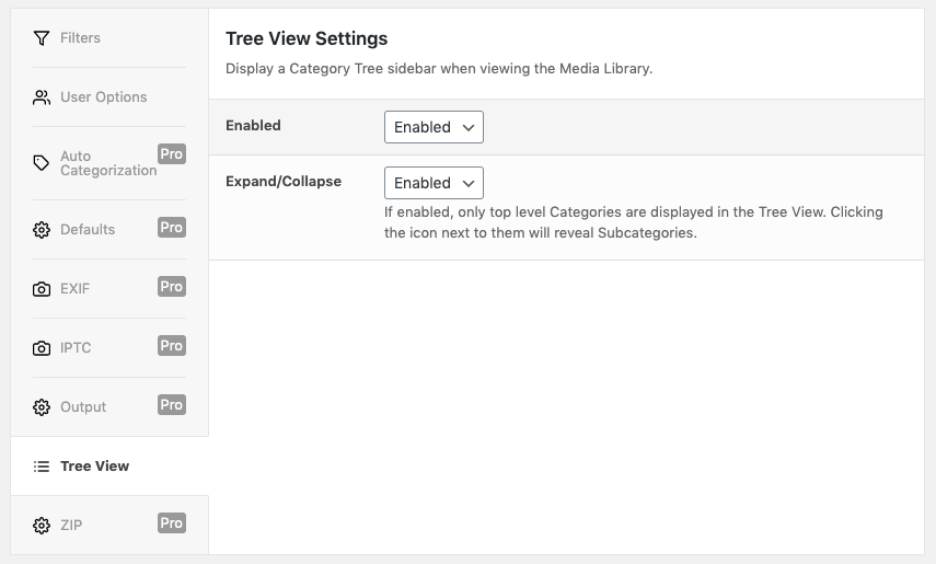 Media Library Organizer: Tree View: Settings